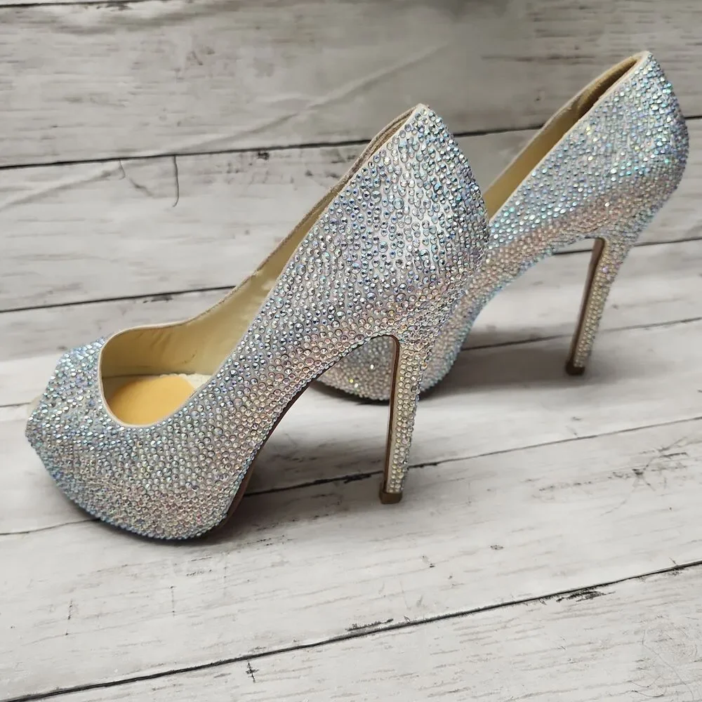 Benjamin Adams London Silver Jewel Encrusted Peep Toe Platform Pumps S 7.5/38